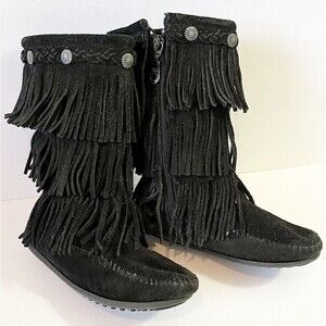 Minnetonka Moccasin Girls Black Boots 3 Layer Fringe Sz 12 Syle 2659 Leather